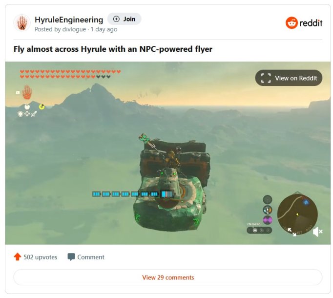 Zelda Tears of the Kingdom Player Creates Flying Machine Powered by NPCs