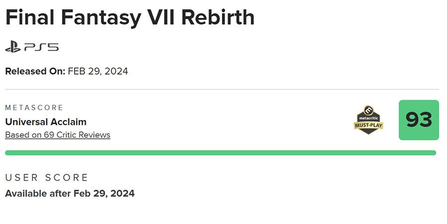 Final Fantasy VII Rebirth scores 93 out of 100 on Metacritic
