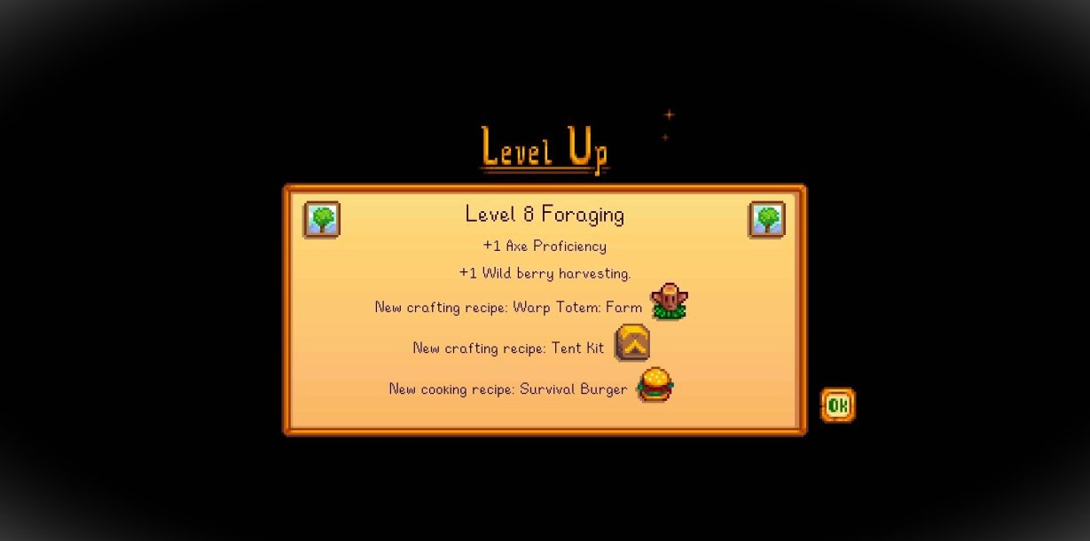 stardew valley level 8 foraging level up screen