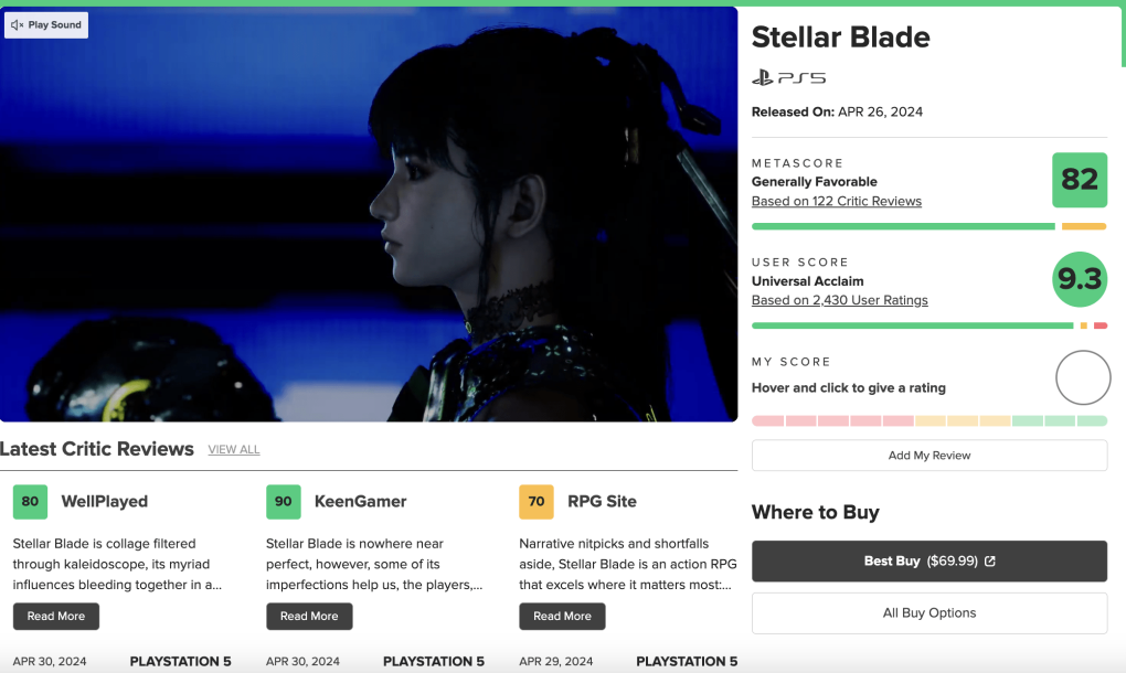 Stellar Blade's Metacritic score 